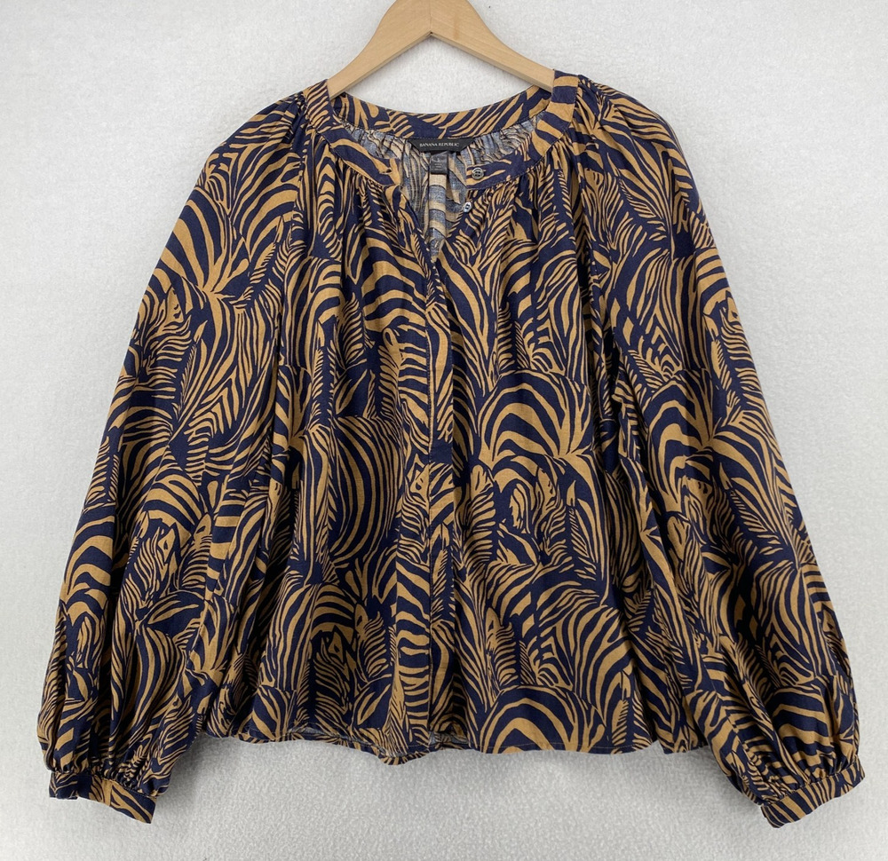 BANANA REPUBLIC Blouse S Linen Zebra Print Hidden Button Balloon Sleeve Brown